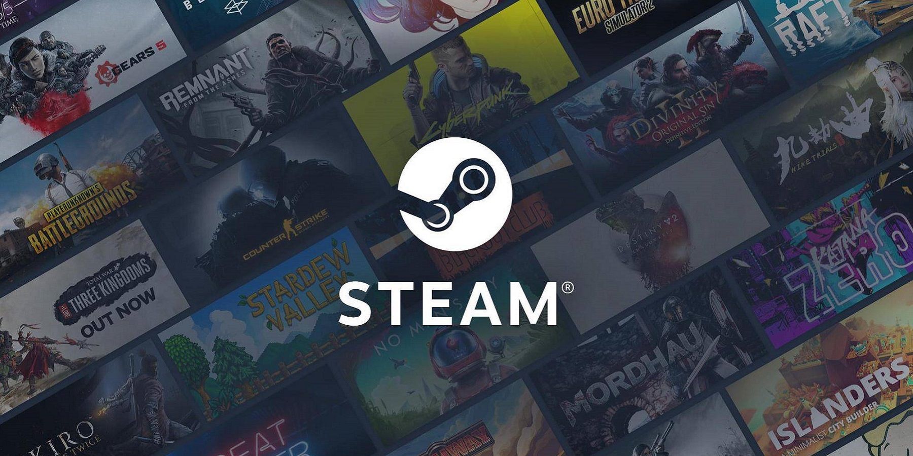 Image showing the Steam logo with many game covers in the background.