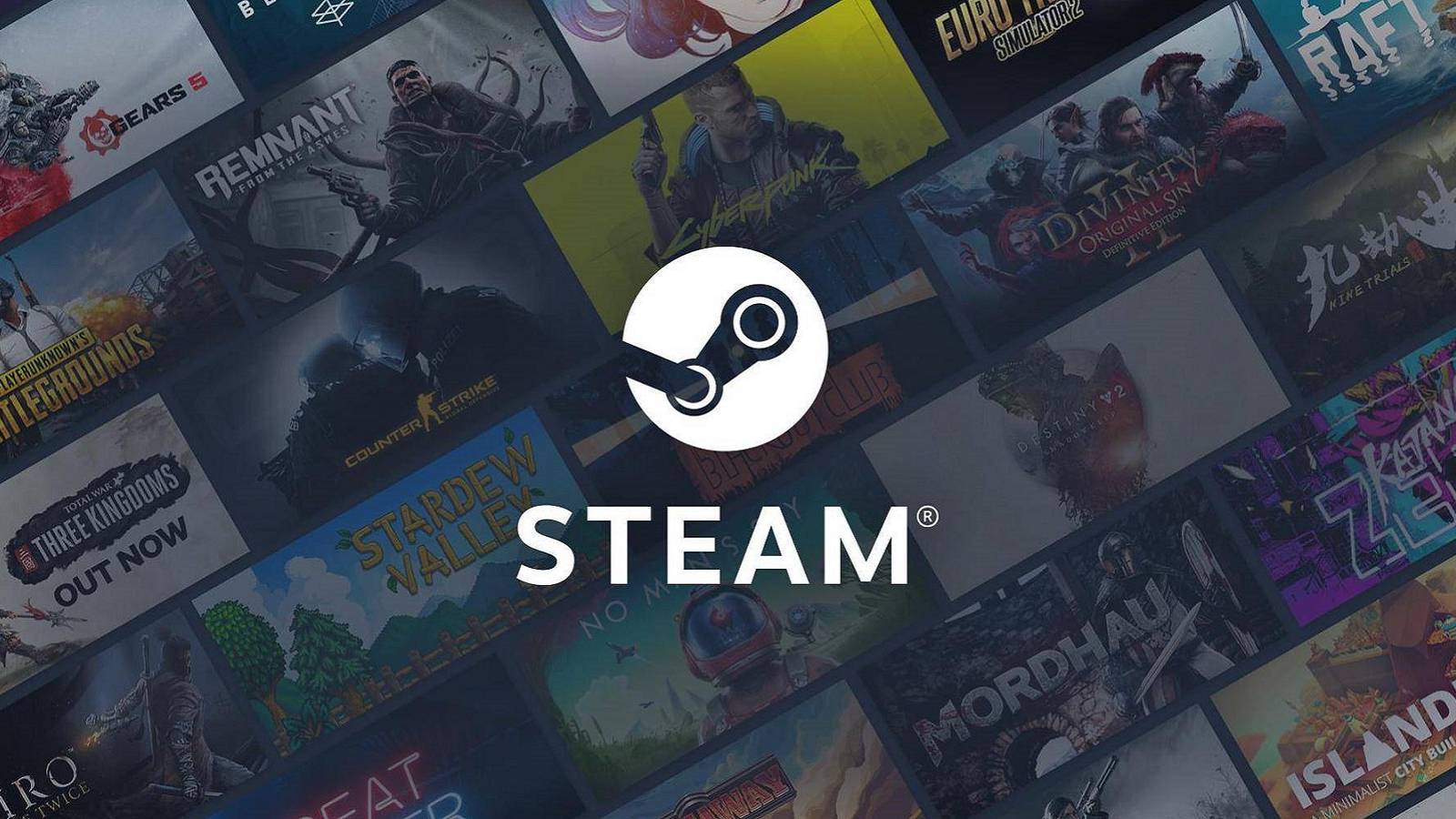 Image showing the Steam logo with many game covers in the background.