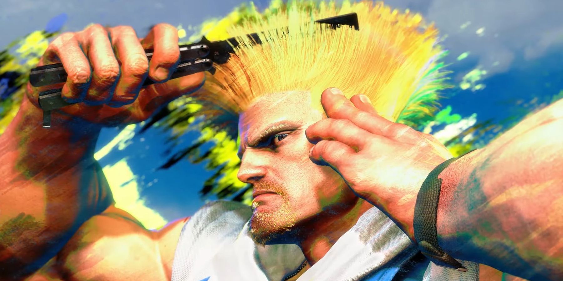 Guile fixing his hair in Street Fighter 6