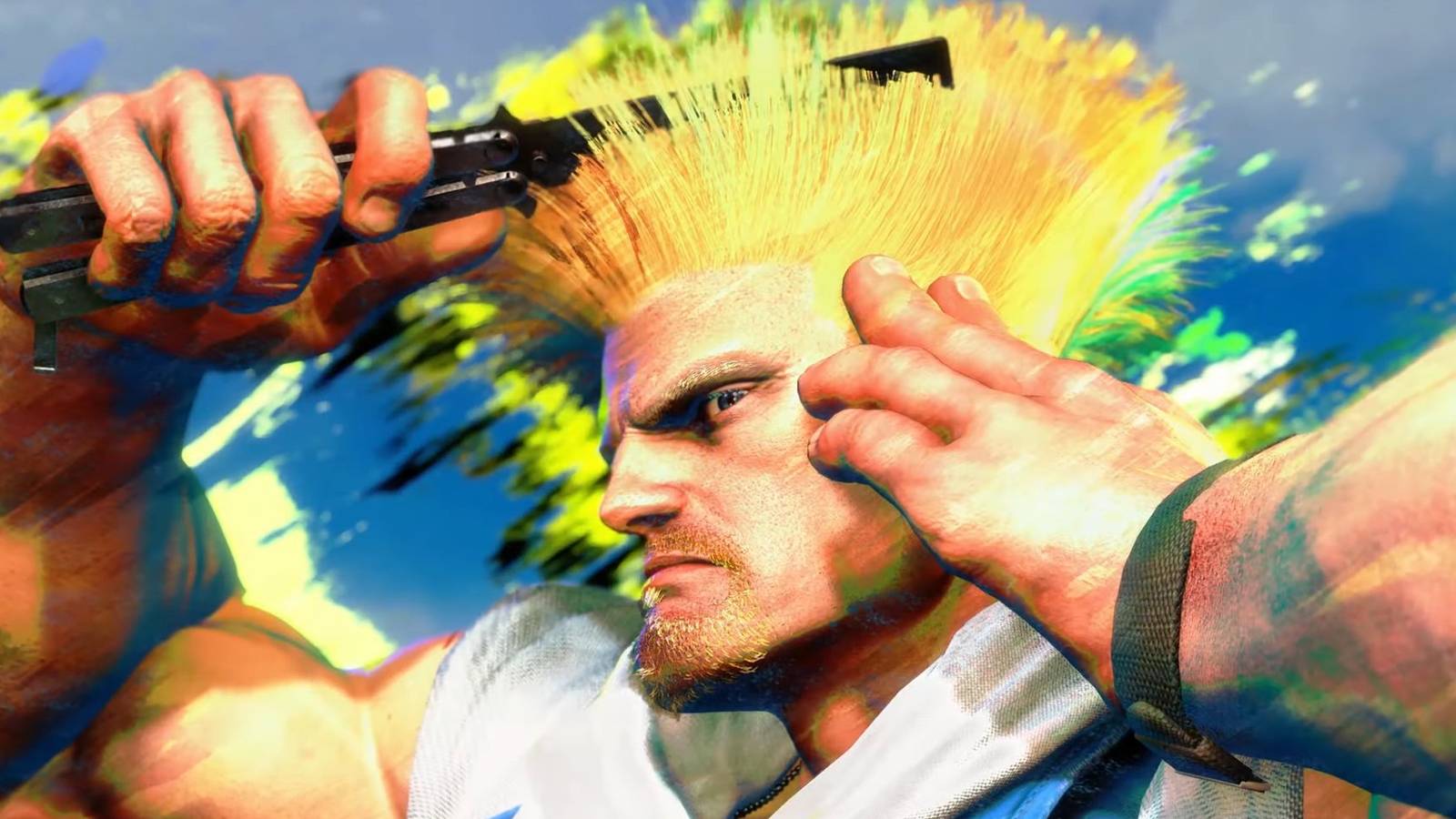 Guile fixing his hair in Street Fighter 6