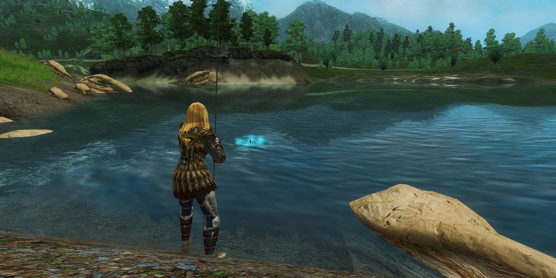 Screenshot from The Elder Scrolls 5: Skyrim showing the player in third-person fishing in a lake.