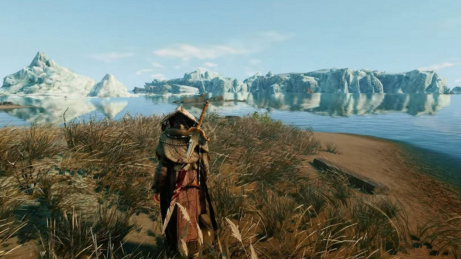 Image from Skyrim showing the player looking out into a body of water with an icy tundra in the distance.