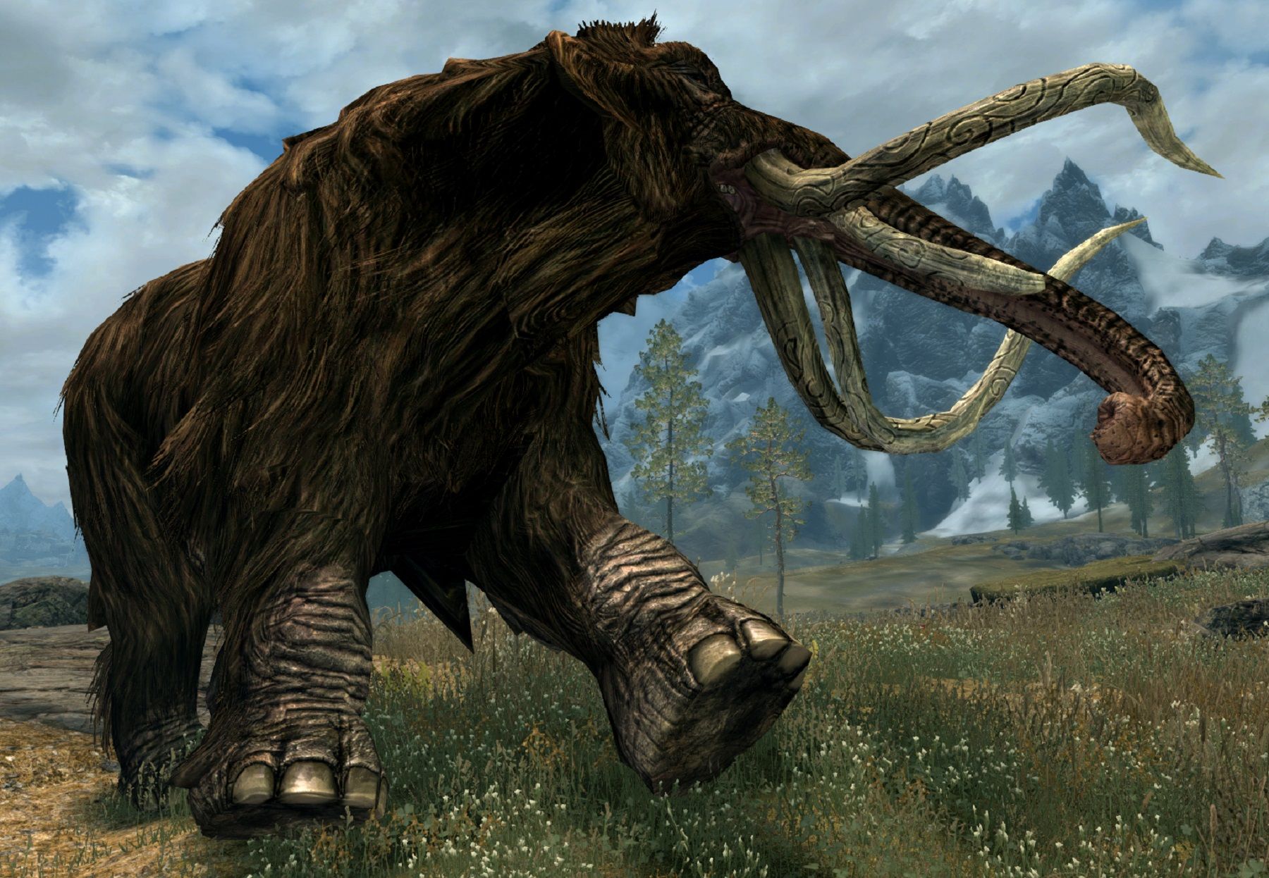 Image from The Elder Scrolls 5: Skyrim showing a mammoth in 4K resolution.