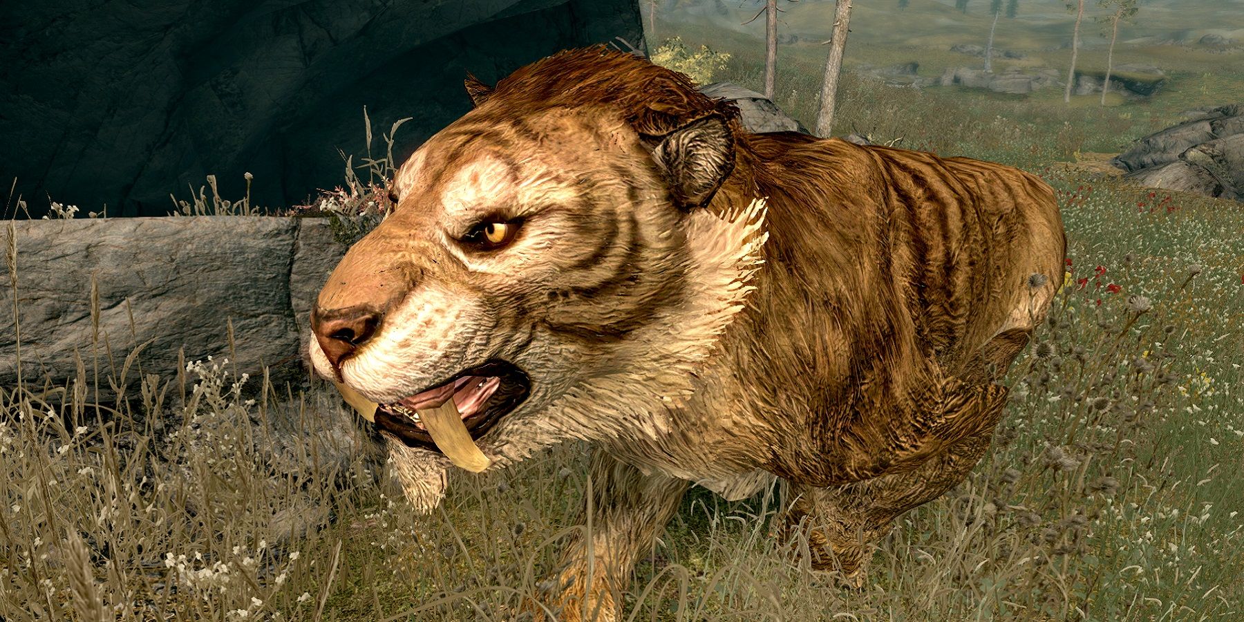 Image from The Elder Scrolls 5: Skyrim showing a high resolution close-up of a sabre cat.