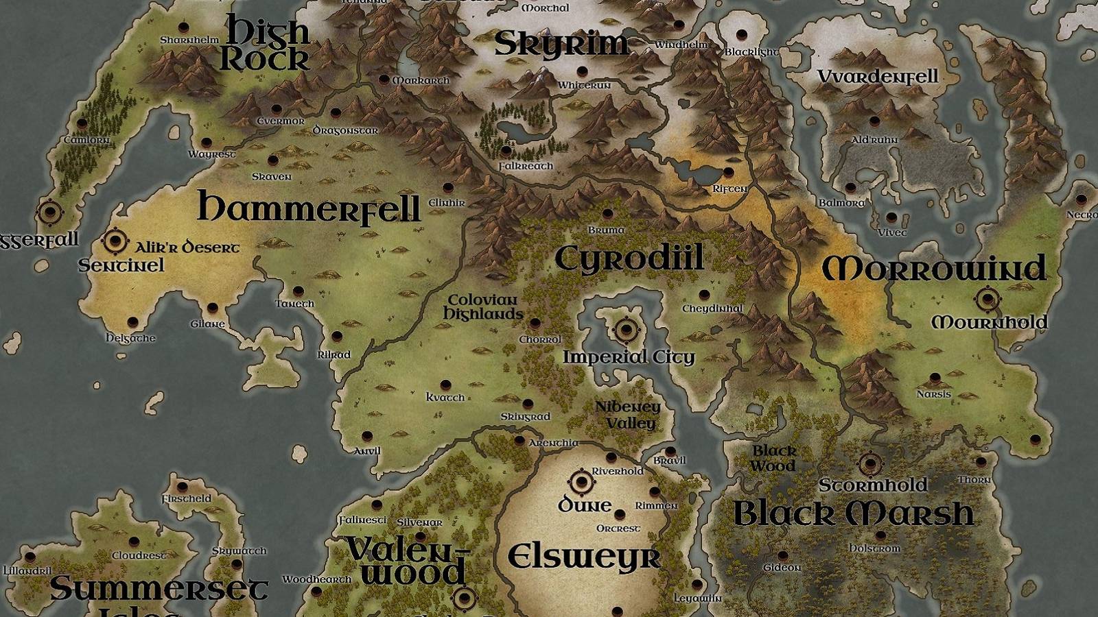 An image of the map of Tamriel from The Elder Scrolls series.