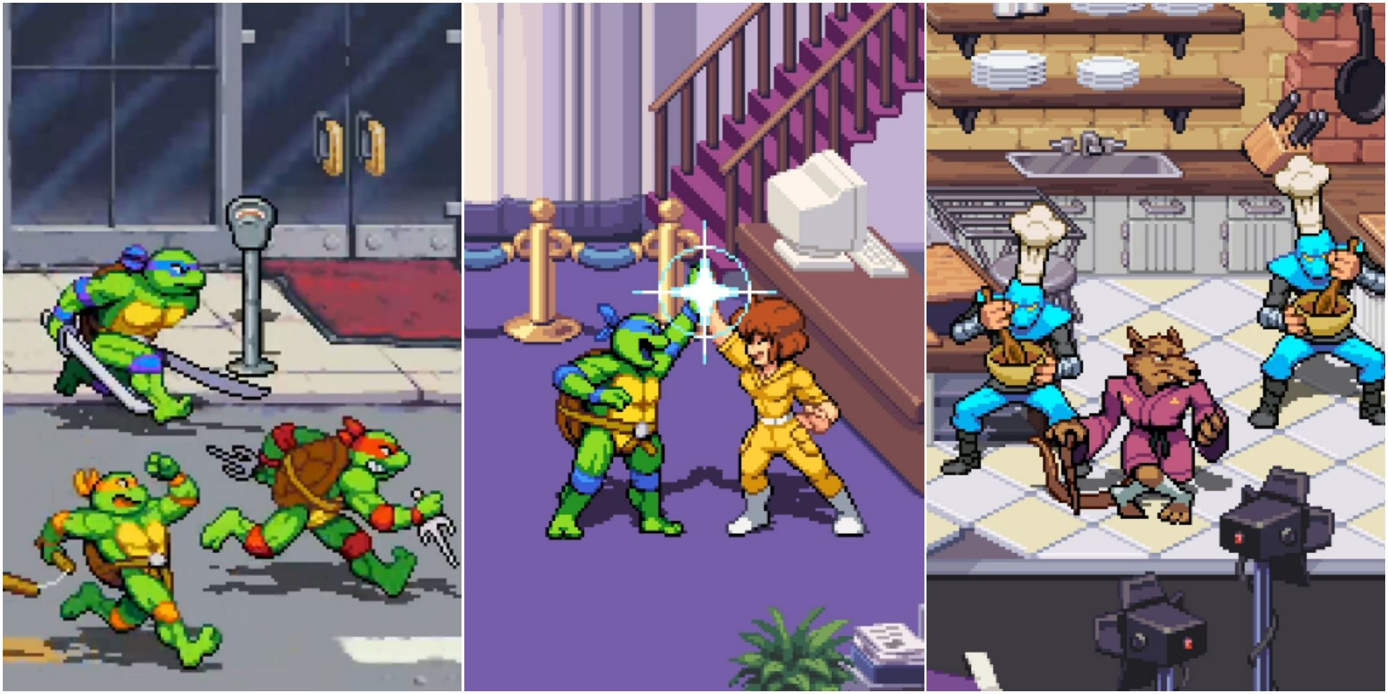 the turtles running down a street, leo and april high fiving, splinter in a kitchen with foot soldiers featured