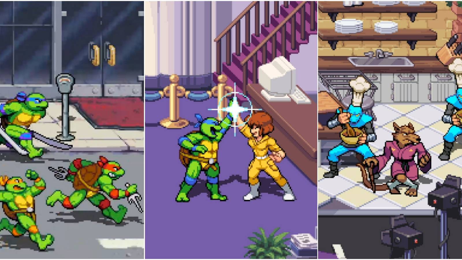 the turtles running down a street, leo and april high fiving, splinter in a kitchen with foot soldiers featured