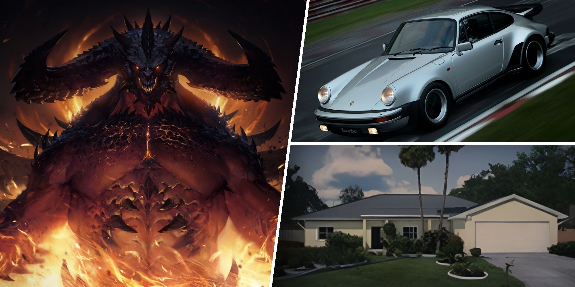 Diablo Immortal promotional artwork, a Porsche 911 from GTSport and an image from GTA