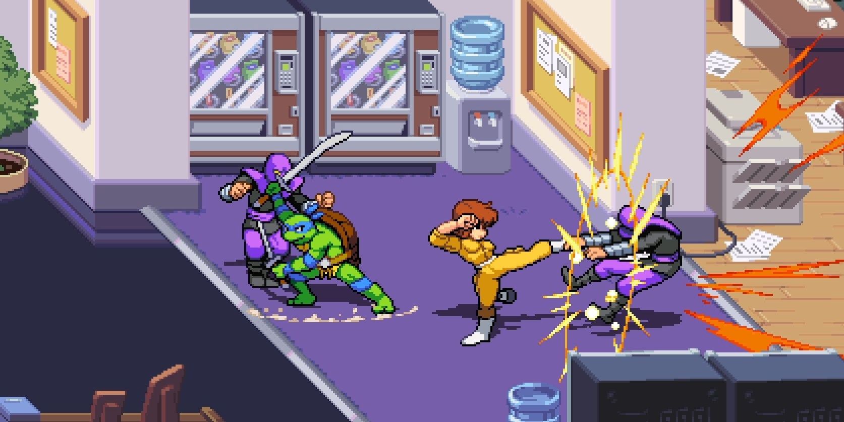 tmnt leonardo and april oneil fighting enemies 