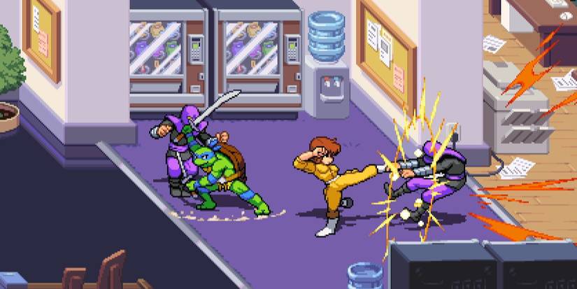 tmnt leonardo and april oneil fighting enemies 