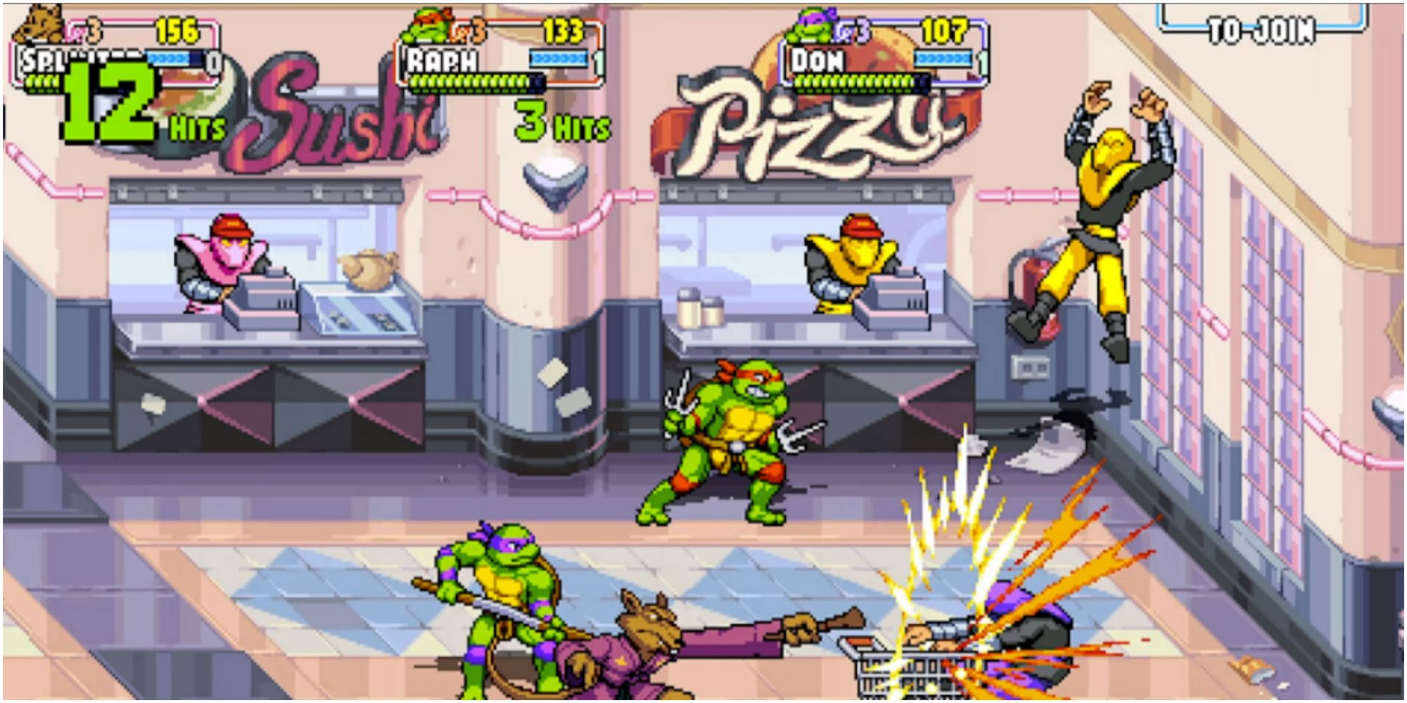 turtles and splinter battling baddies in a food court