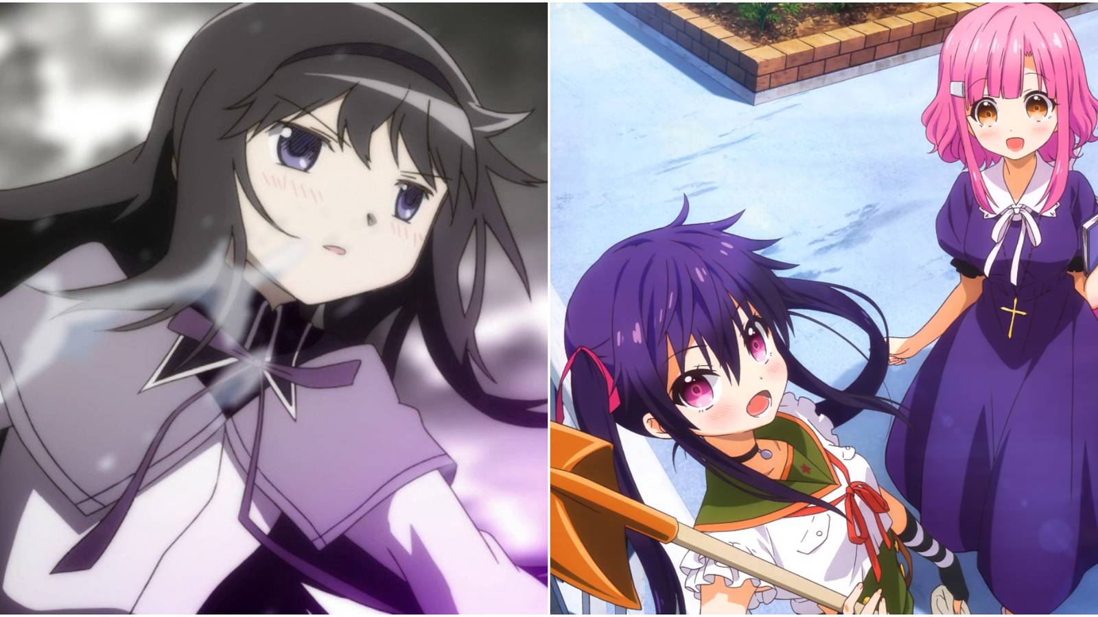 homura from puella magi madoka magica and megu-nee and kurumi from school-live