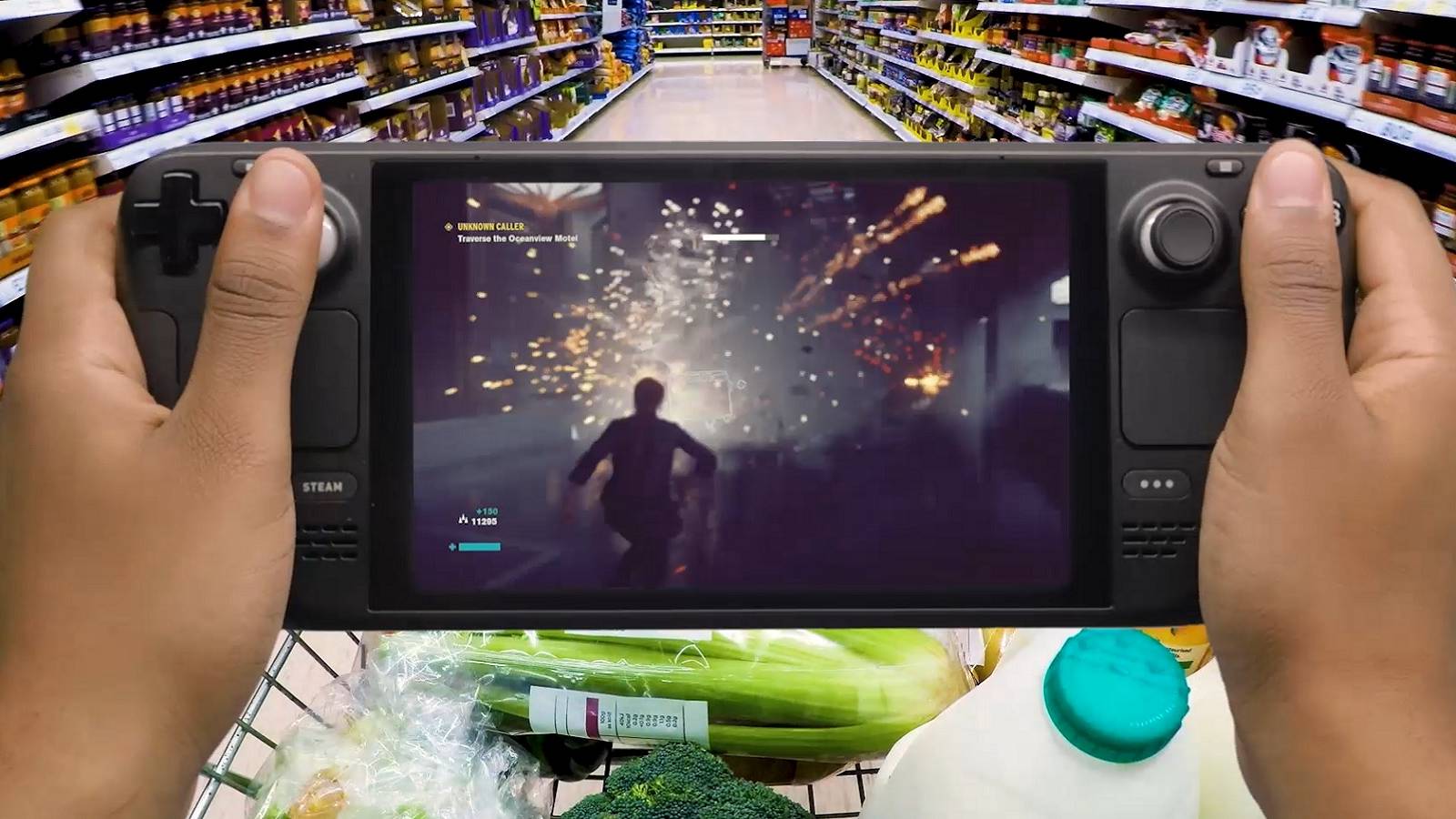 Image of someone playing a Steam Deck while in a supermarket.