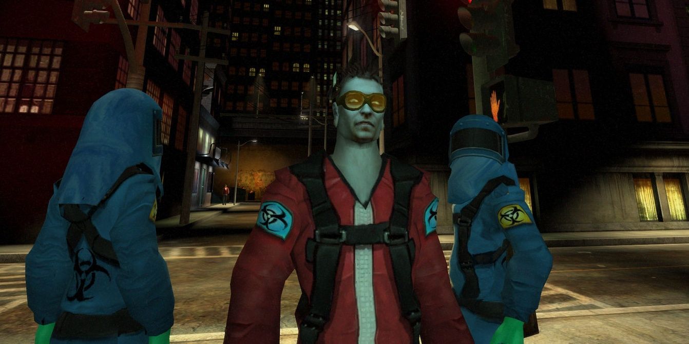 A man in a red jacket in front of two people wearing blue hazmat suits in Vampire the Masquerade: Bloodlines