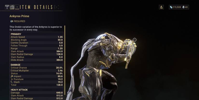Preview of the Ankyros Prime melee weapon on Warframe
