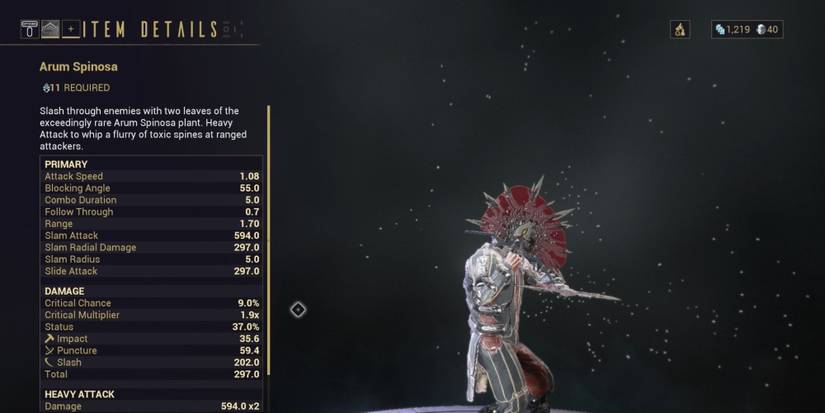 The Arum Spinosa warfan weapon in Warframe