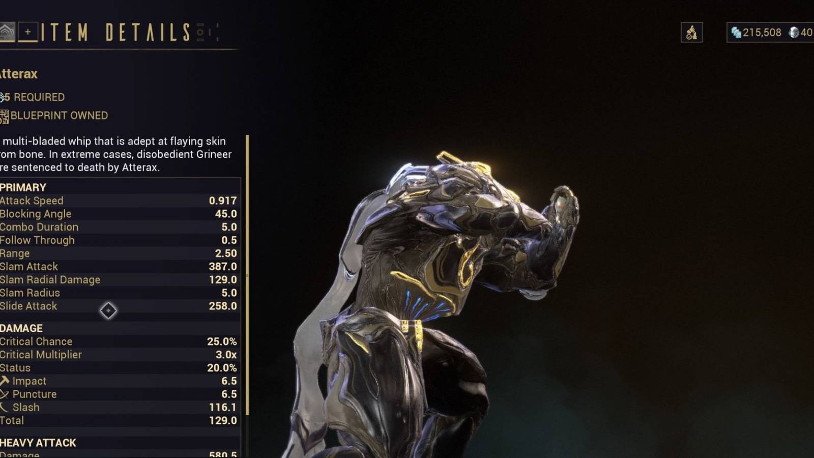 Preview of the Atterax melee weapon on Warframe