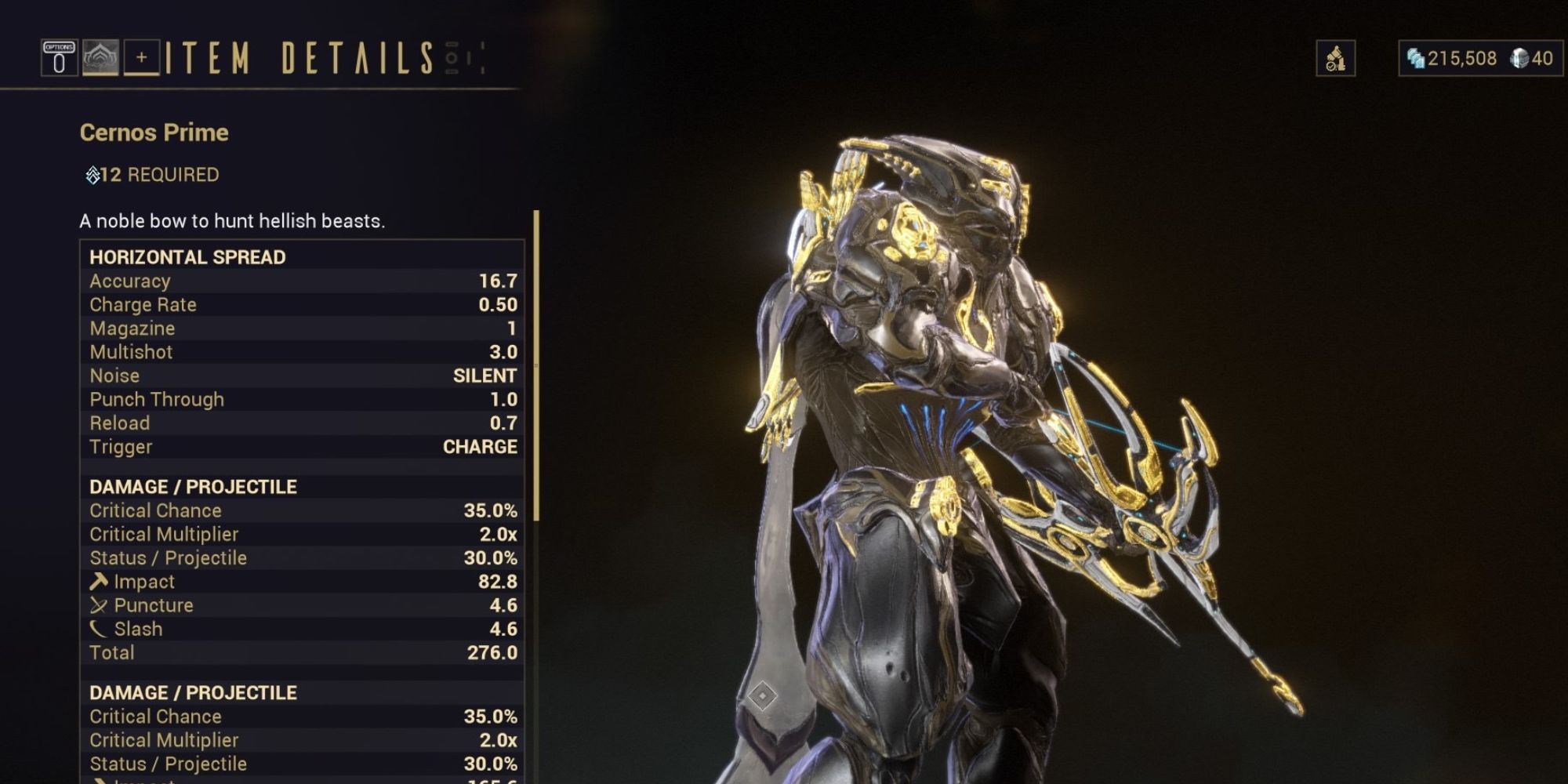 Preview of the Cernos Prime bow on Warframe