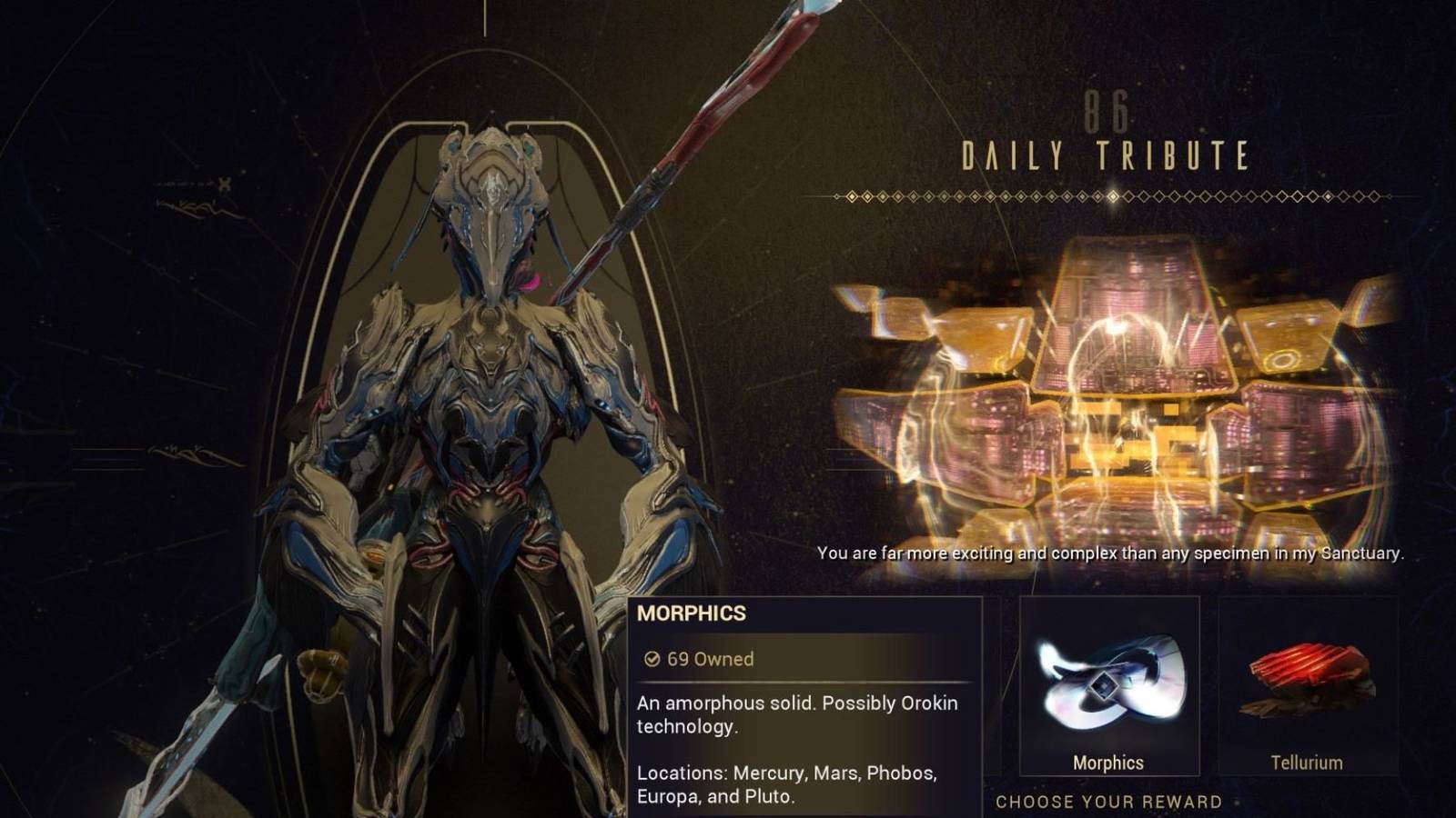 The Daily Tribute login reward on Warframe, dislaying Morphics and Tellurium