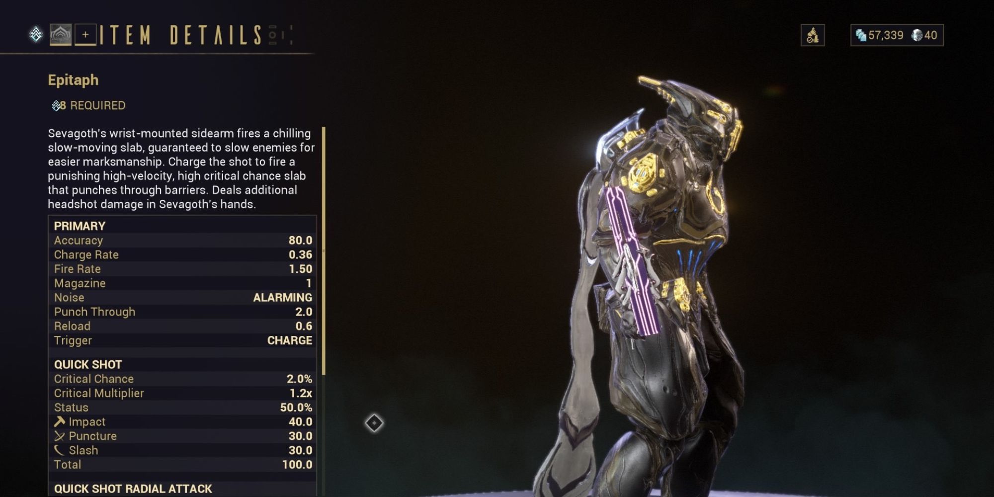 A preview of the Warframe Secondary weapon Epitaph