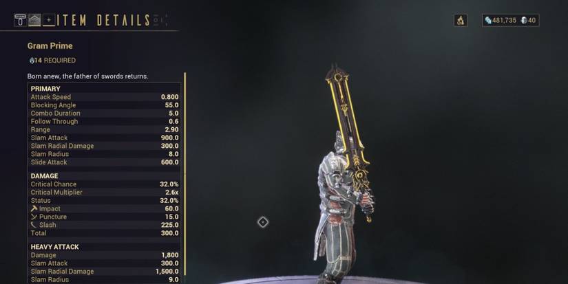 The Gram Prime sword on Warframe