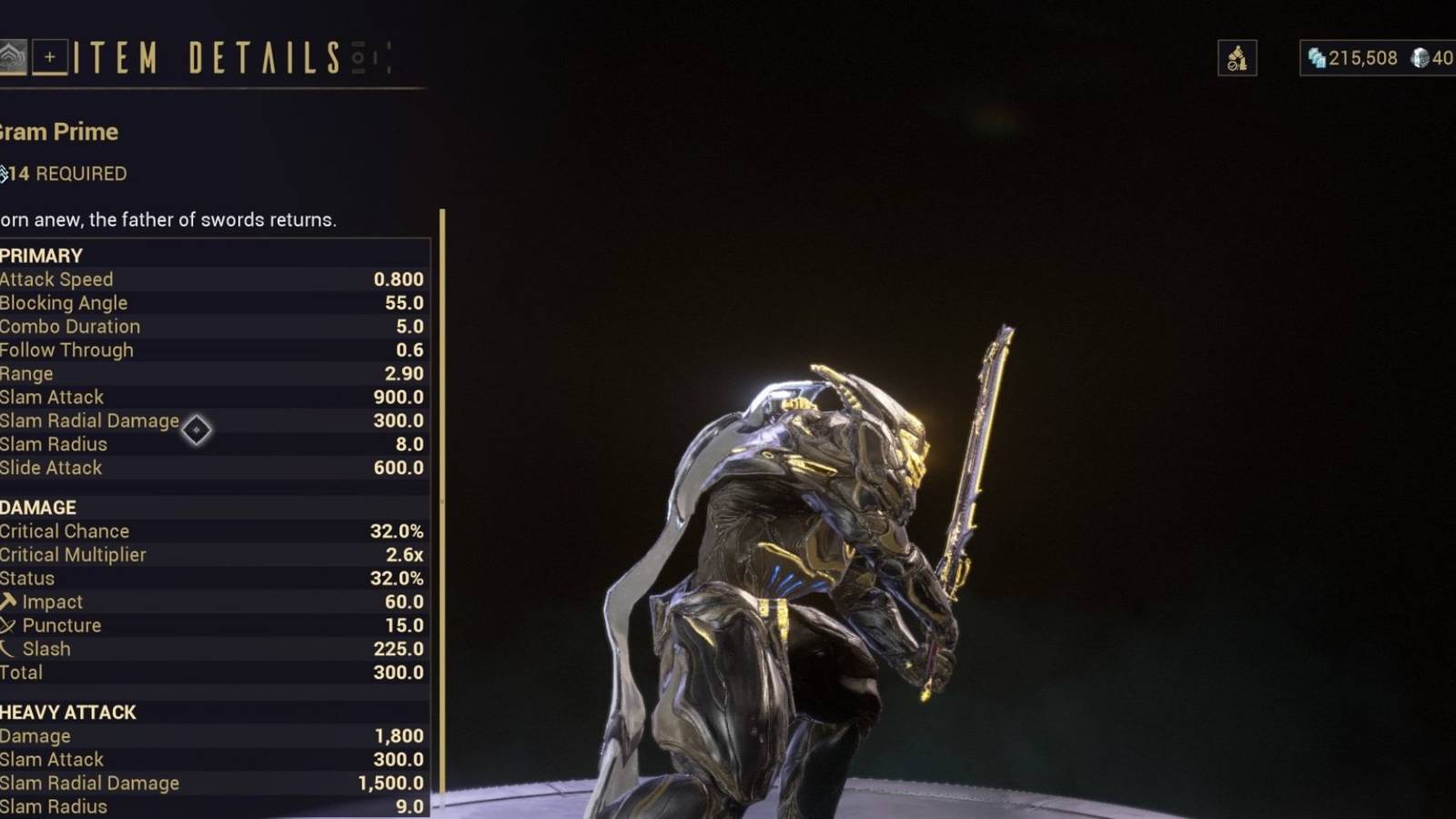 Preview of the Gram Prime melee weapon on Warframe