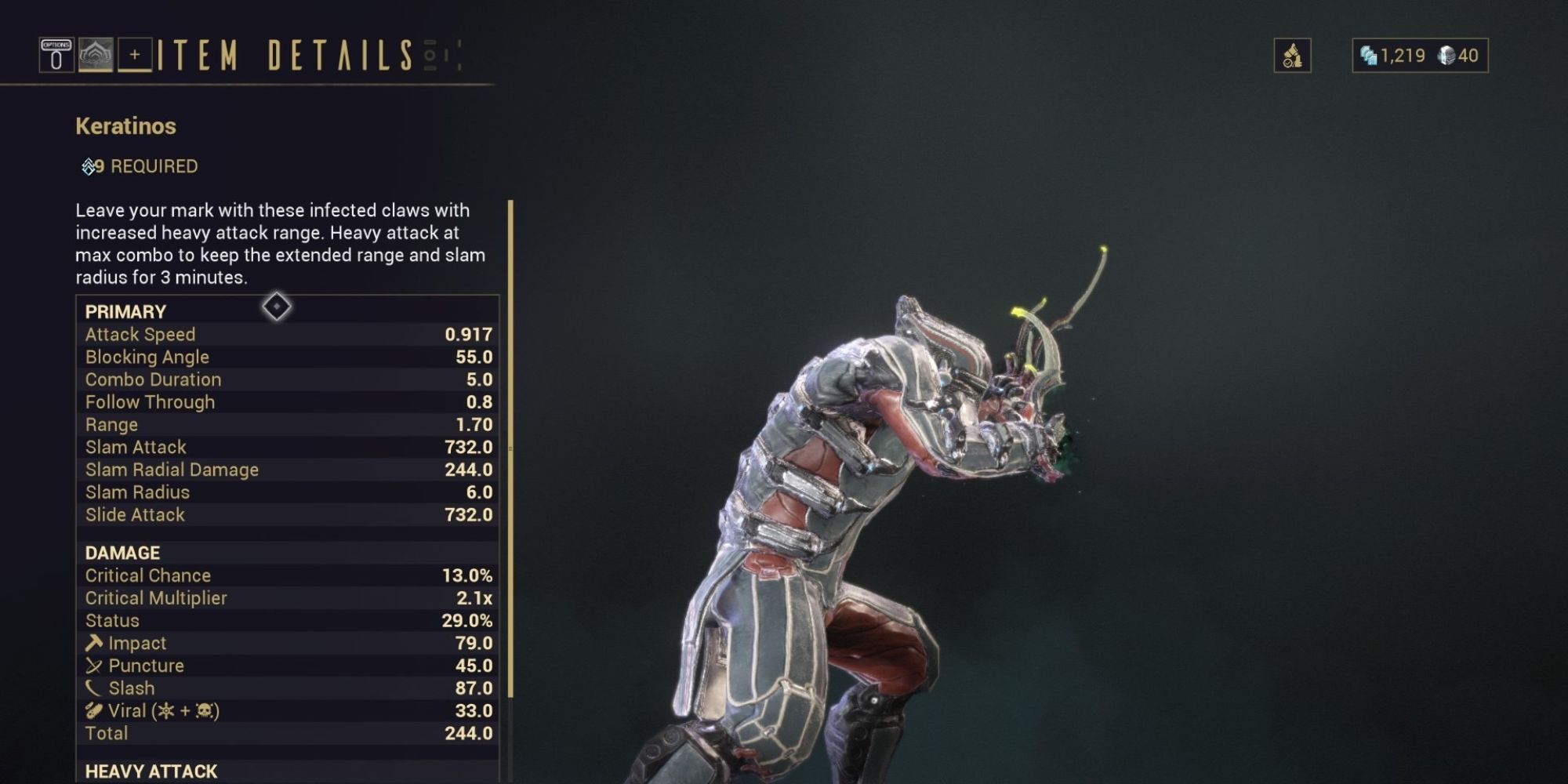 The Keratinos claw weapon on Warframe