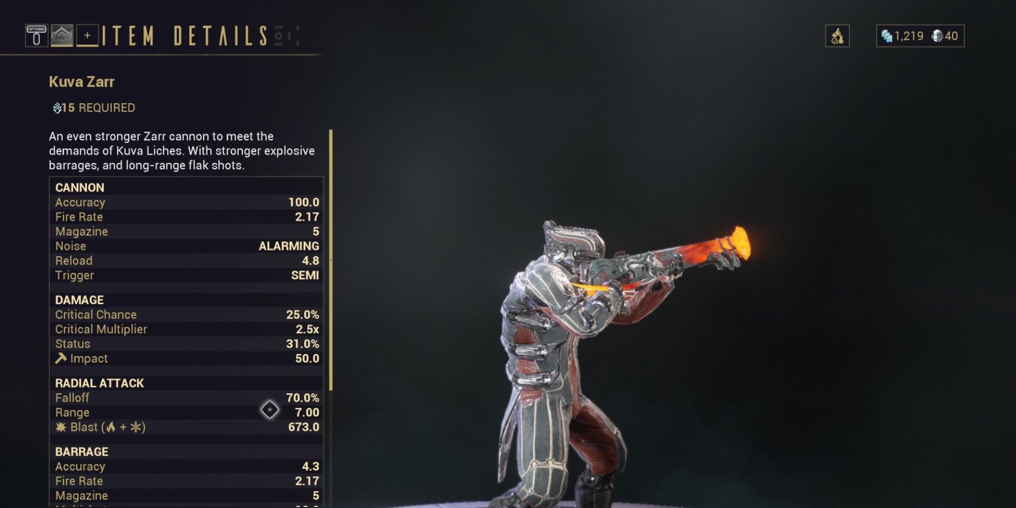 The Kuva Zarr launcher weapon on Warframe