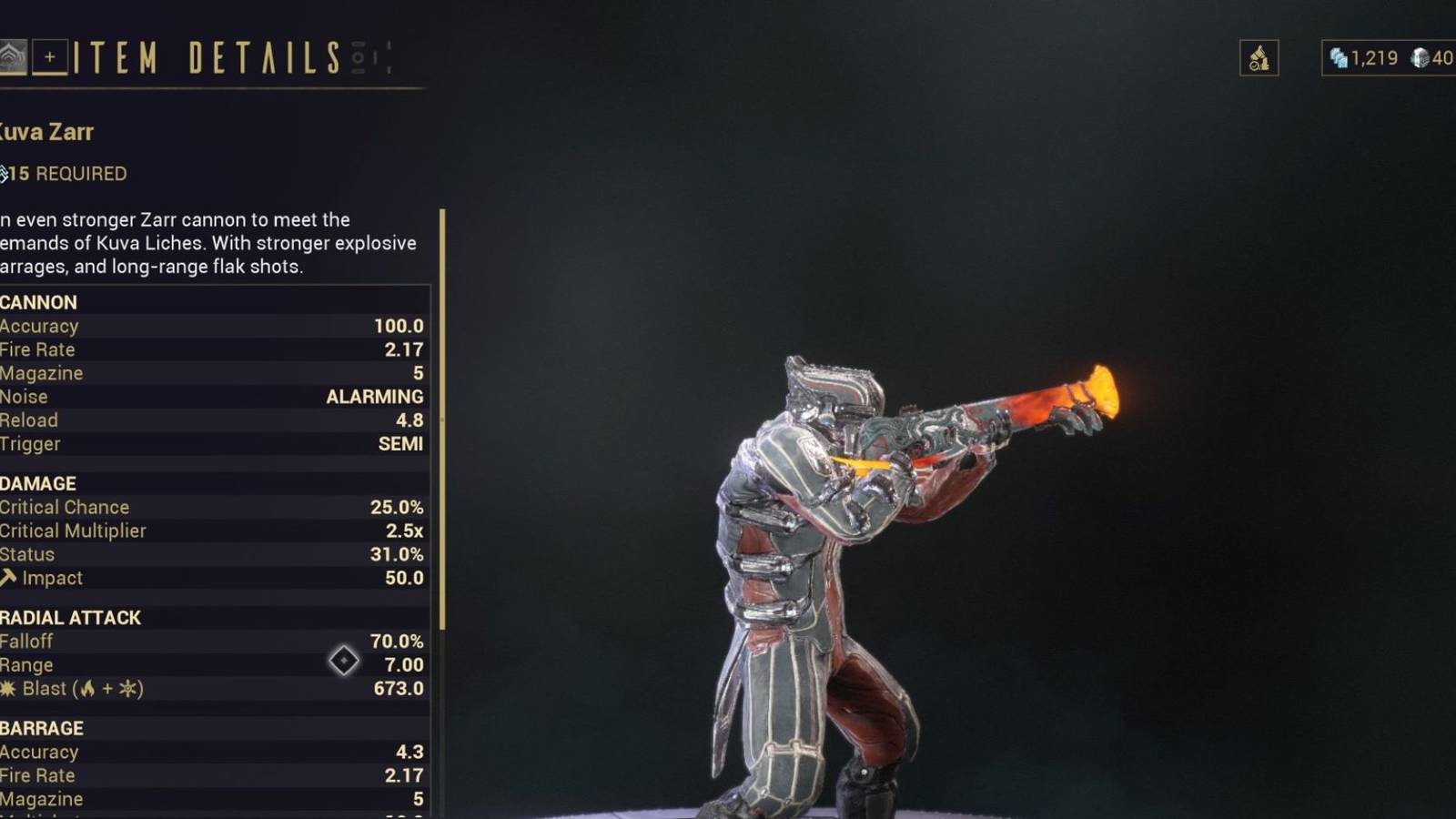 The Kuva Zarr launcher weapon on Warframe