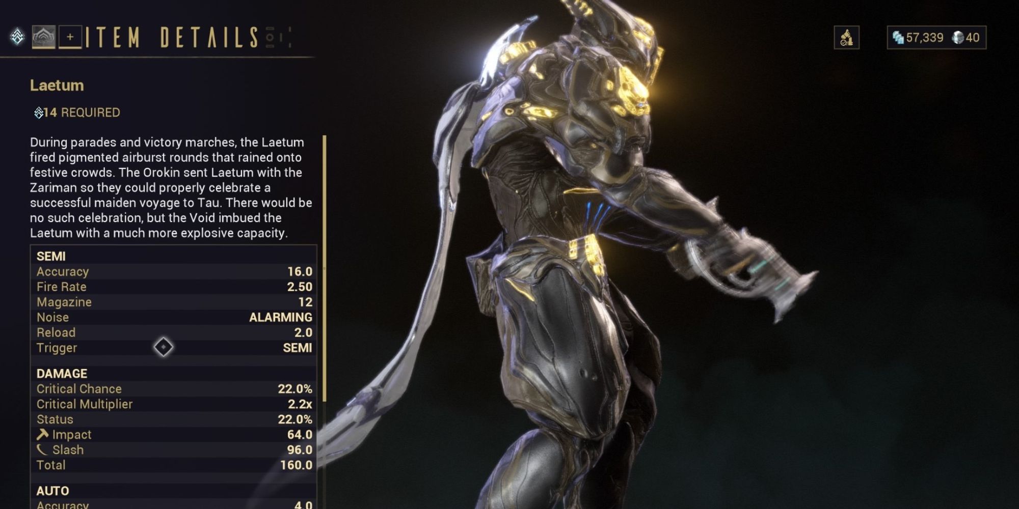 Preview of the Laetum secondary weapon on Warframe