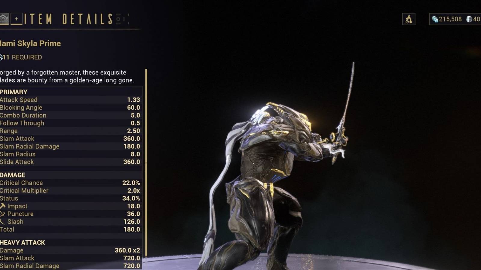 Preview of the Nami Skyla Prime melee weapon on Warframe