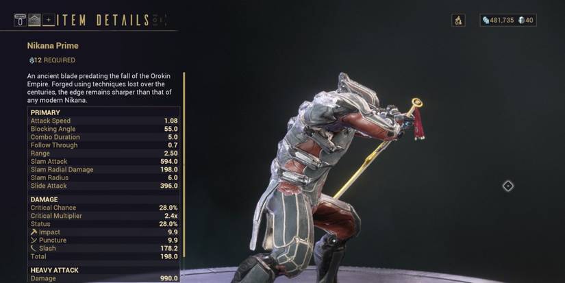 The Nikana Prime sword on Warframe