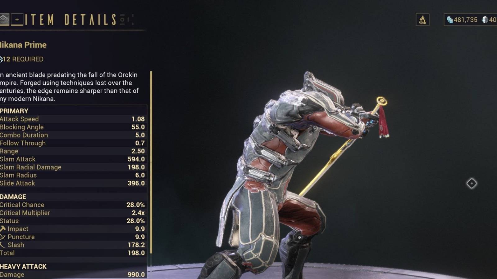 The Nikana Prime sword on Warframe