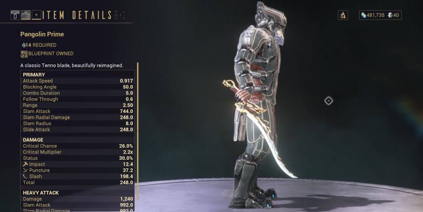 The Pangolin Prime sword on Warframe