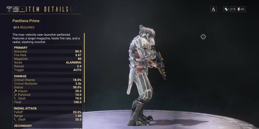 The Panthera Prime launcher weapon on Warframe