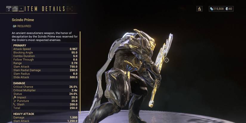 Preview of the Scindo Prime melee weapon on Warframe