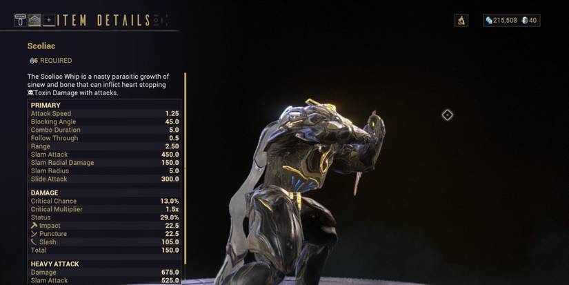 Preview of the Scoliac melee weapon on Warframe