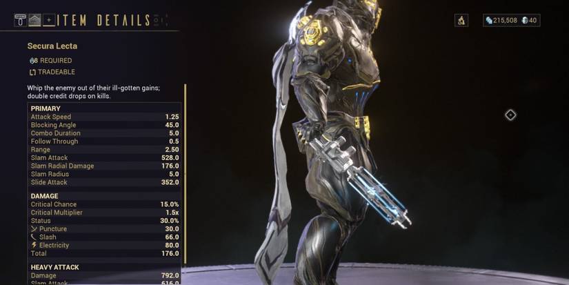 Preview of the Secura Lecta melee weapon on Warframe