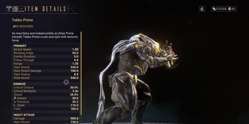 Preview of the Tekko Prime melee weapon on Warframe