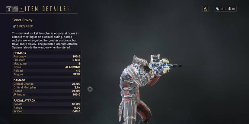 The Tenet Envoy launcher weapon on Warframe