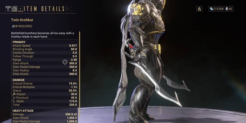 Preview of the Twin Krohkur melee weapon on Warframe