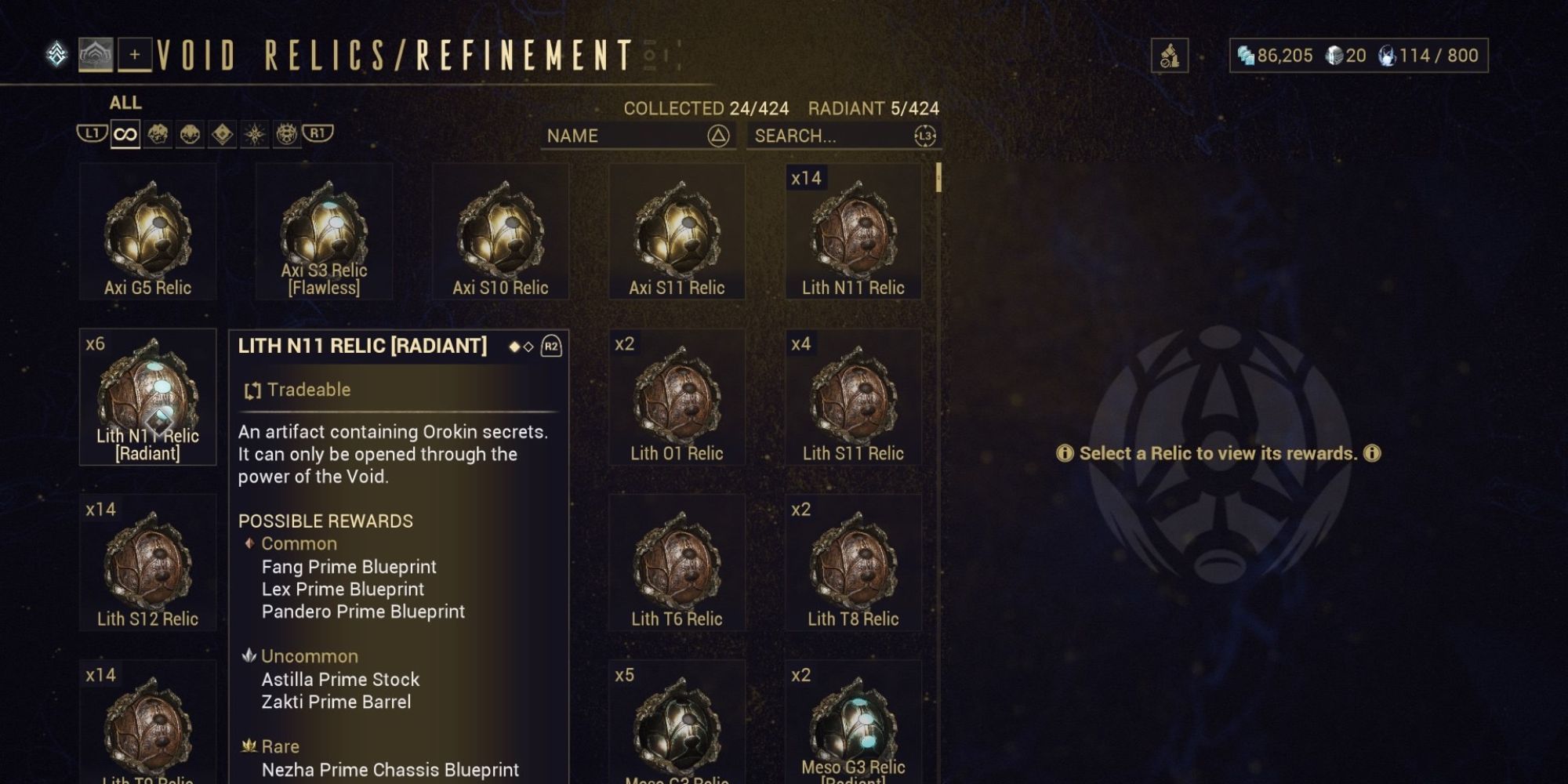 The refinement page on Void Relics on Warframe