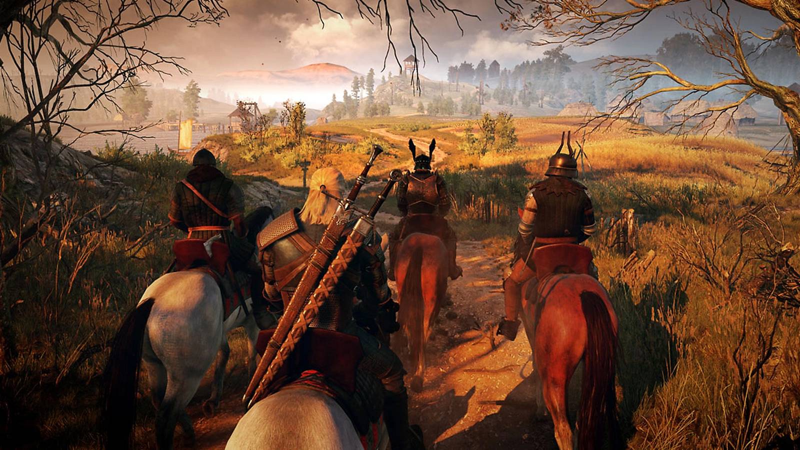 Geralt riding on Roach in The Witcher 3
