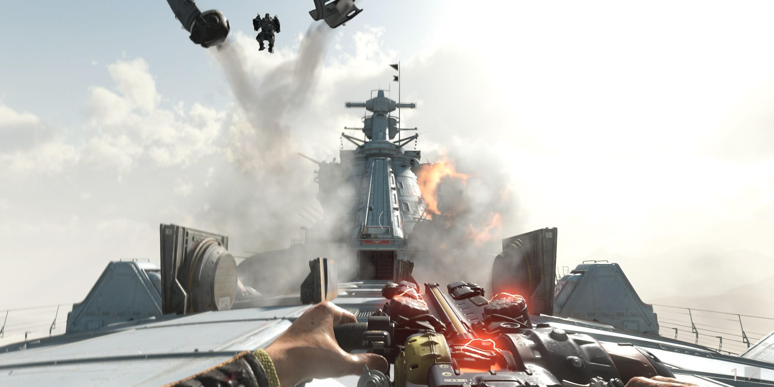 wolfenstein new colossus player on top of an air ship 