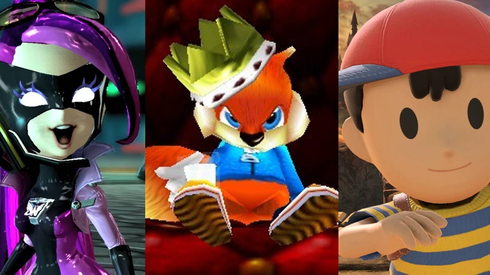  Pink in a cutscene from The Wonderful 101; Conker wearing a crown and drinking in the end of Bad Fur Day; Ness appearing in Super Smash Bros Ultimate