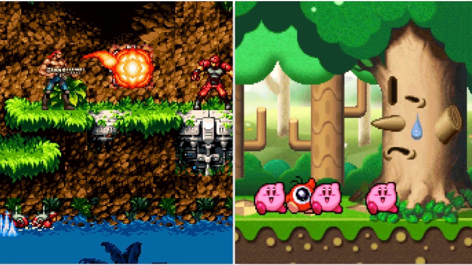 Fighting enemies in Contra 4 and celebrating after a boss in Kirby Super Star Ultra 