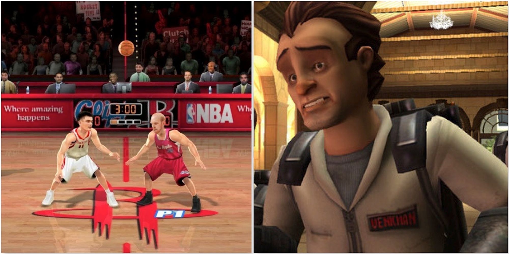 Playing a game in NBA Jam and Peter from Ghostbusters The Video Game