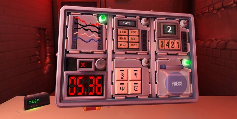 A player solving the bomb with red lighting in the background, they have failed once in Keep Talking And Nobody Explodes