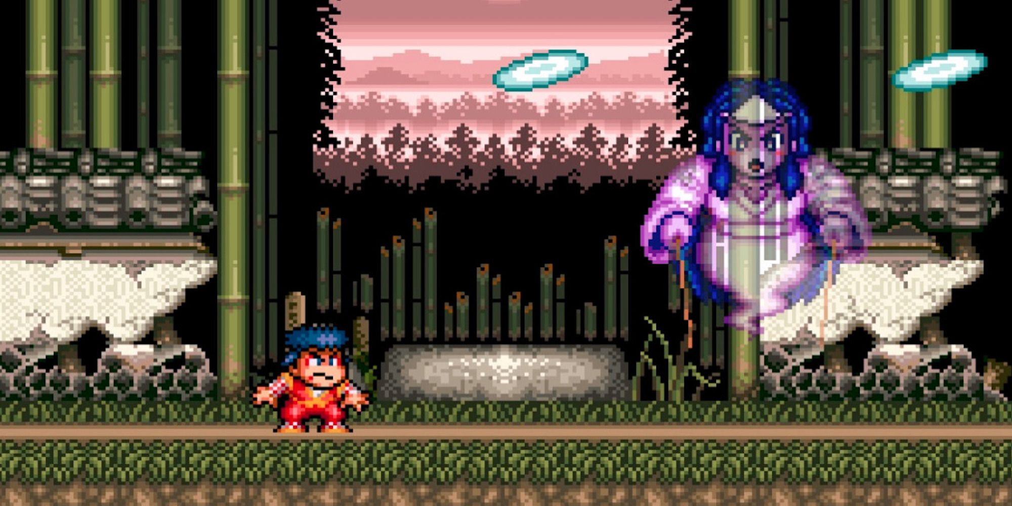 Fighting a boss in The Legend Of The Mystical Ninja