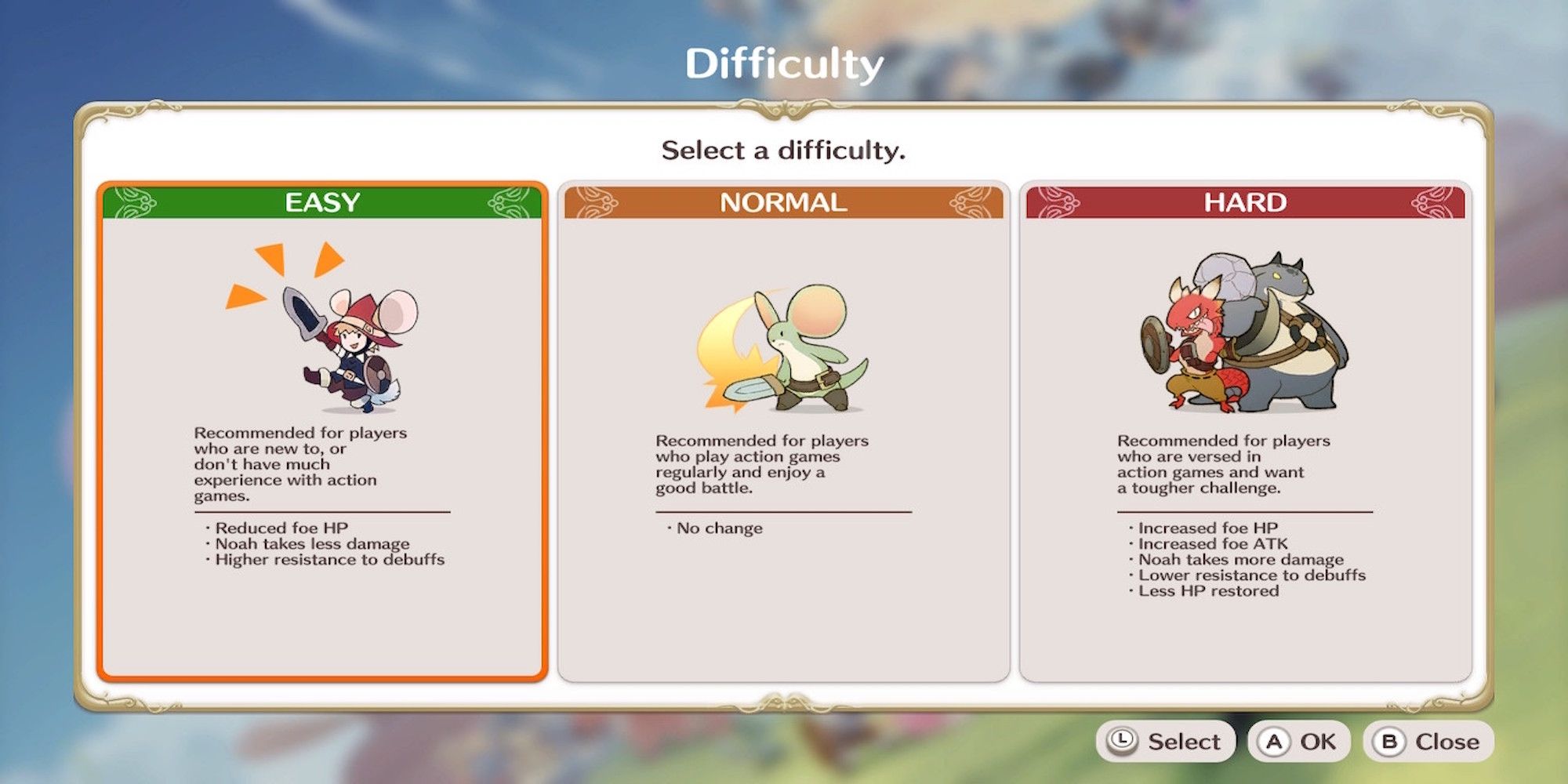 The difficulty menu in Little Noah Scion of Paradise